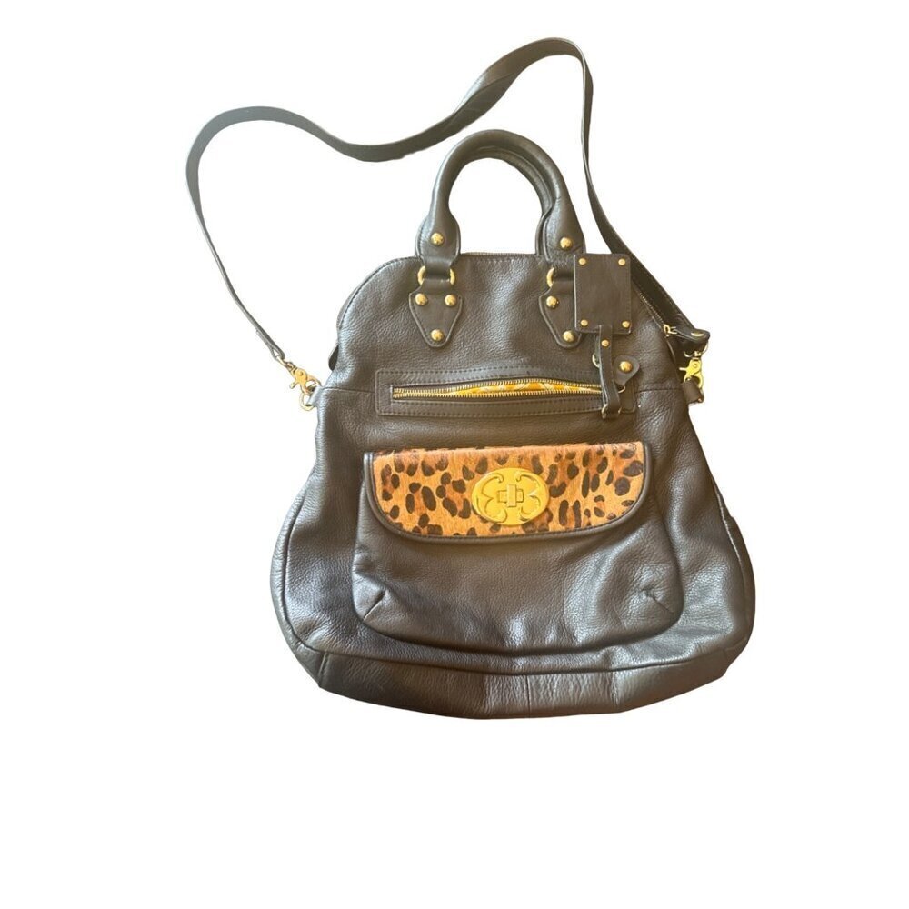 Emma Fox Black Leather Satchel Calf Hair Animal Print Detail